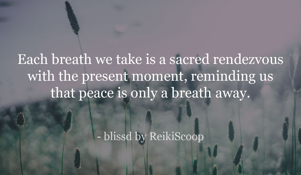 Each breath we take is a sacred rendezvous with the present moment, reminding us that peace is only a breath away. - Reikiscoop