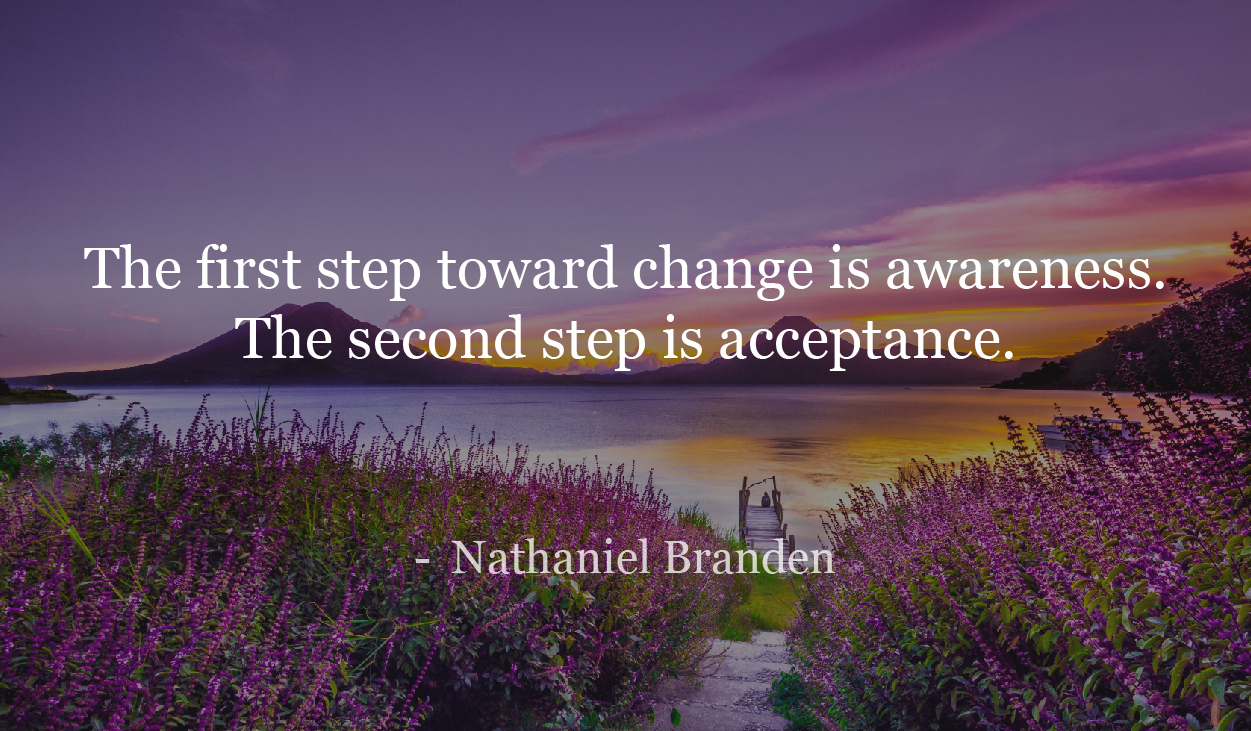 The first step toward change is awareness. The second step is acceptance. - Nathaniel Branden